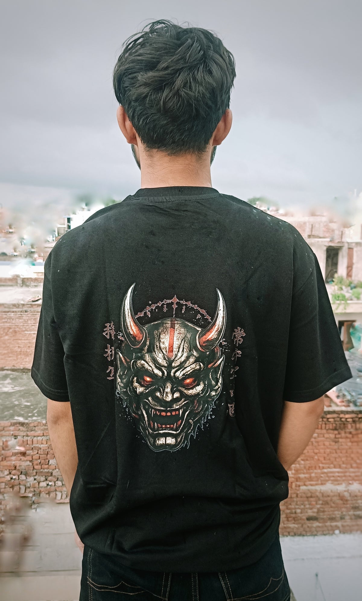Oni Mask Oversized T-Shirt – 240 GSM Premium Cotton | Japanese Demon Graphic Drop Shoulder Tee