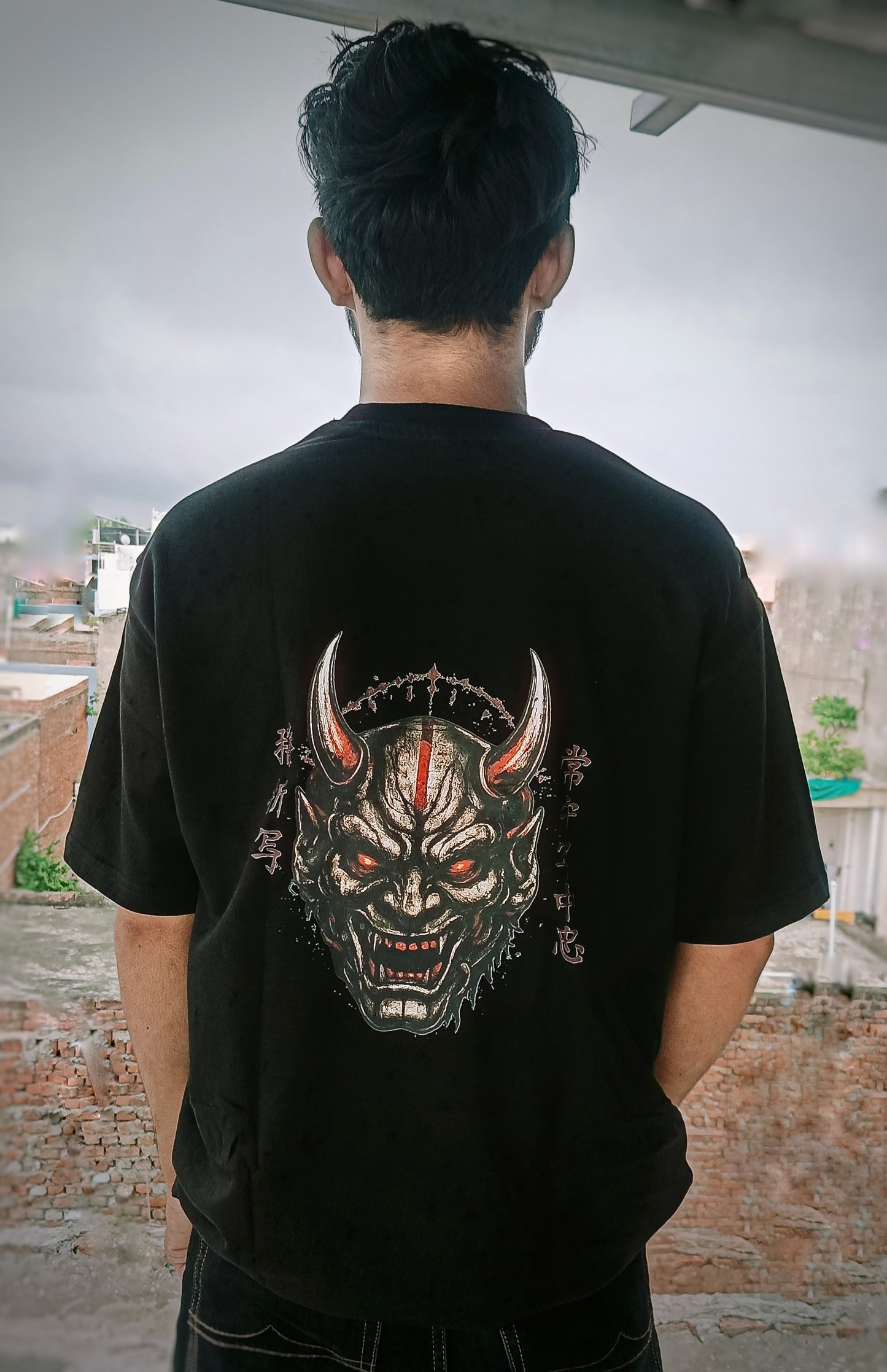 Oni Mask Oversized T-Shirt – 240 GSM Premium Cotton | Japanese Demon Graphic Drop Shoulder Tee