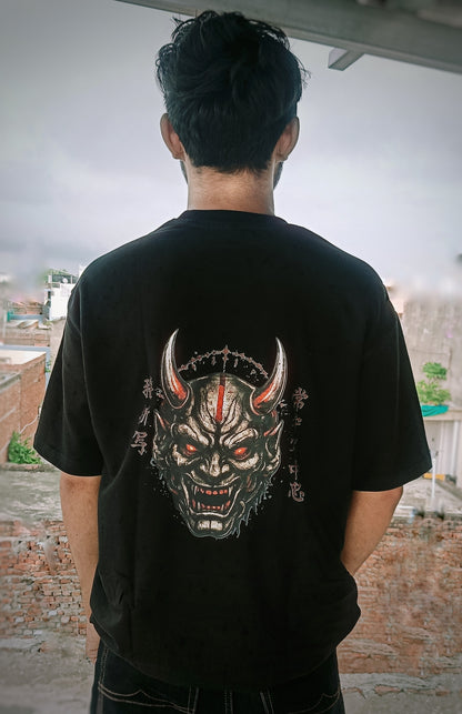 Oni Mask Oversized T-Shirt – 240 GSM Premium Cotton | Japanese Demon Graphic Drop Shoulder Tee