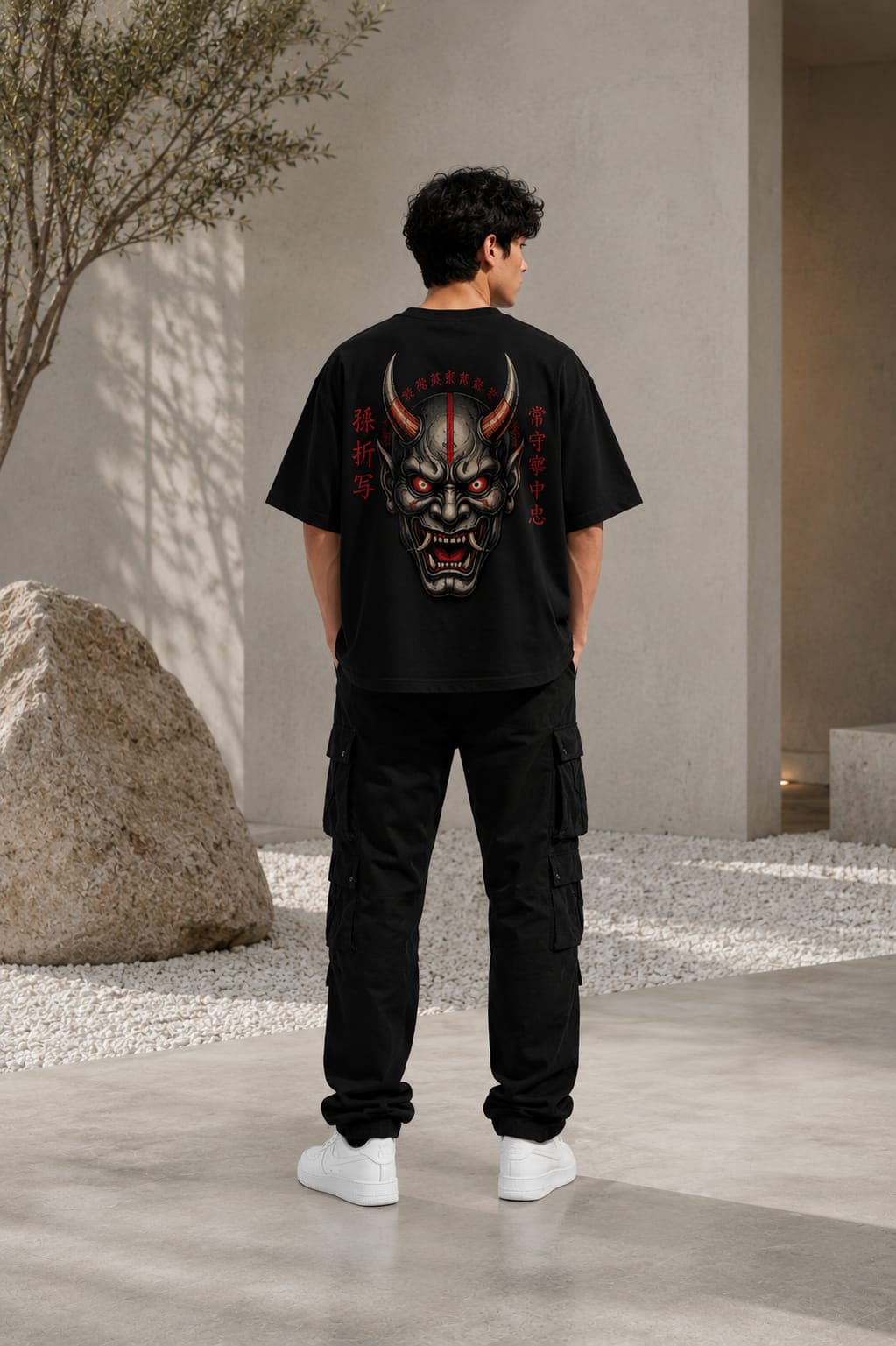 Oni Mask Oversized T-Shirt – 220 GSM Premium Cotton | Japanese Demon Graphic Drop Shoulder Tee