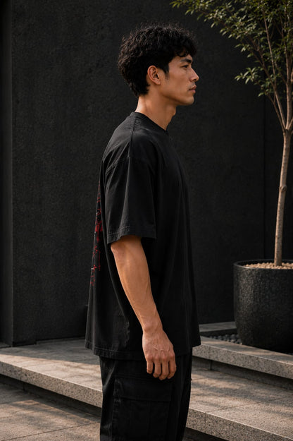 Oni Mask Oversized T-Shirt – 220 GSM Premium Cotton | Japanese Demon Graphic Drop Shoulder Tee