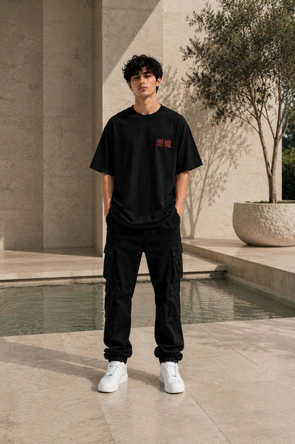 Oni Mask Oversized T-Shirt – 220 GSM Premium Cotton | Japanese Demon Graphic Drop Shoulder Tee
