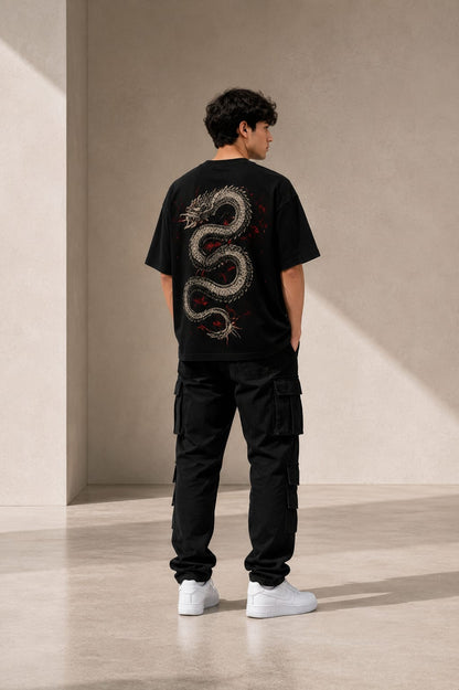 Dragon Spirit Oversized T-Shirt – 220 GSM Premium Cotton | Japanese Dragon Graphic Down Shoulder Tee