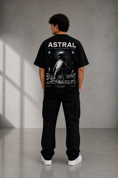 ASTRAL EXPLORER Oversized Down Shoulder T-Shirt for Men | 240 GSM 100% Cotton Graphic Tee