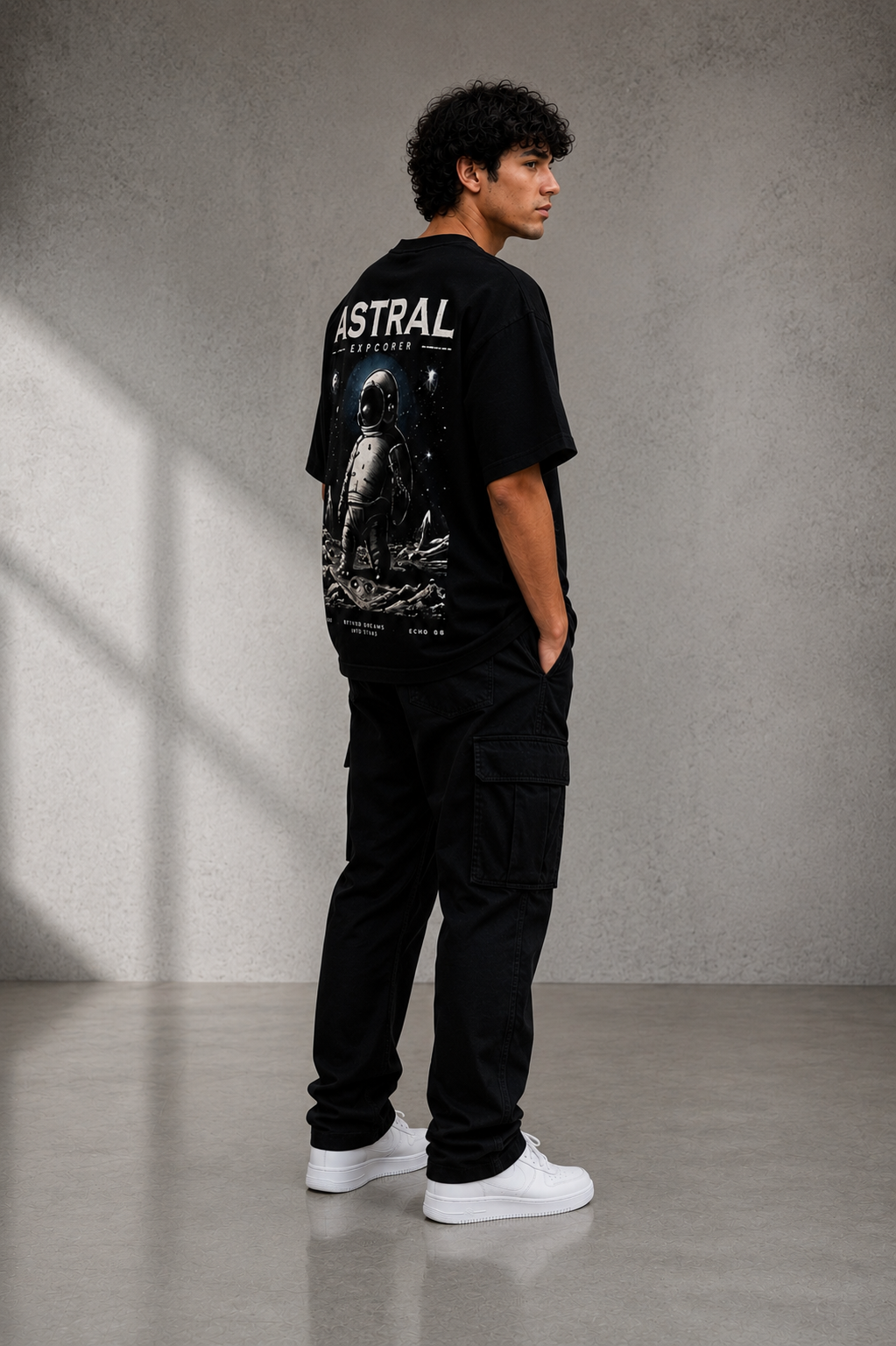 ASTRAL EXPLORER Oversized Down Shoulder T-Shirt for Men | 240 GSM 100% Cotton Graphic Tee