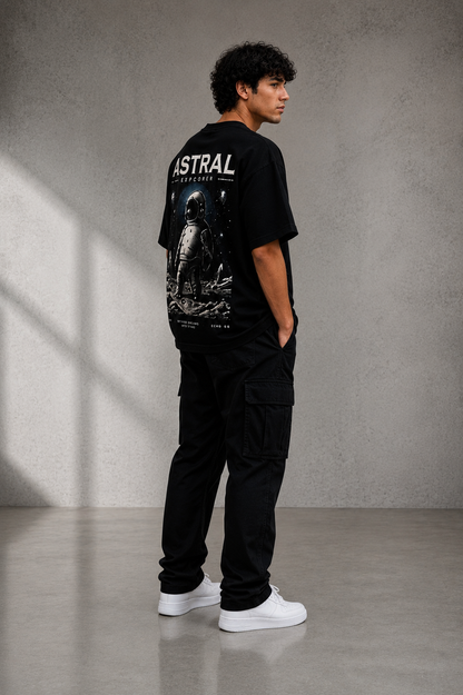 ASTRAL EXPLORER Oversized Down Shoulder T-Shirt for Men | 240 GSM 100% Cotton Graphic Tee